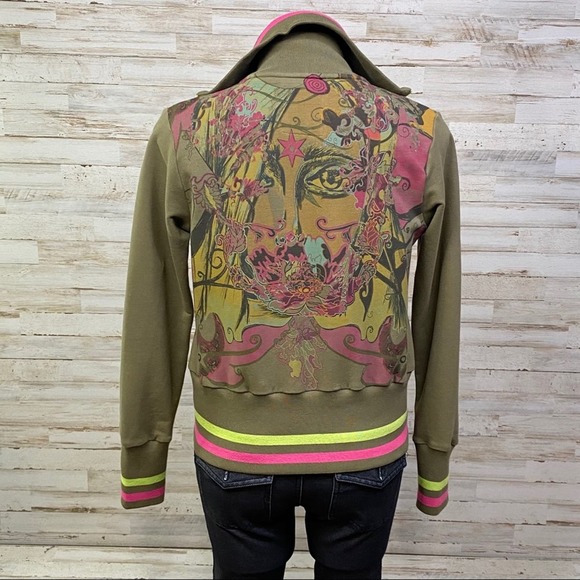 Nuvula Sweatshirt Illustrated Graphic Womens Size M Olive Green Artsy Full Zip - Picture 10 of 16
